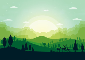 Green silhouette nature landscape with forest and mountains abstract background.Vector illustration.