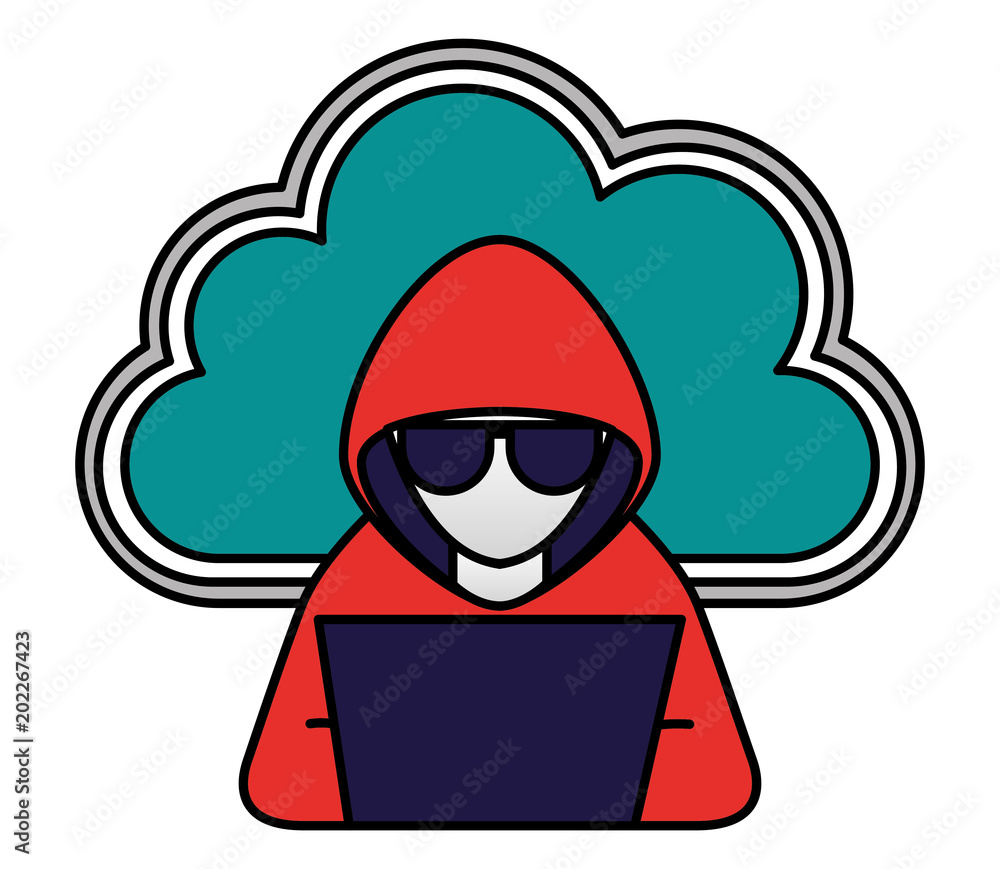 Aufkleber cloud storage and hacker laptop hacking technology vector illustration
