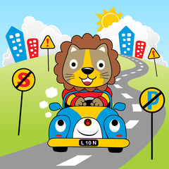 animals driver, Lion drive a car, vector cartoon illustration