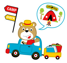 Camping time in holiday with funny animal, vector cartoon illustration