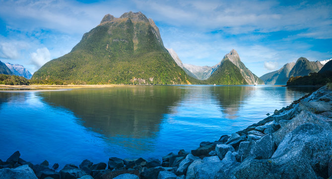 Serene Morning at Milford Sound in Fiordland National Park, New Zealand, South Island.