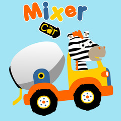 zebra drive a mix truck, vector cartoon illustration