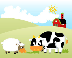 farm field with funny animals, barn, at summer, vector cartoon illustration