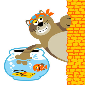 fish trap for bad cat, funny animals cartoon, vector cartoon illustration