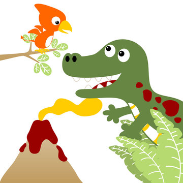 Dinosaurs live with volcano on white background, vector cartoon illustration