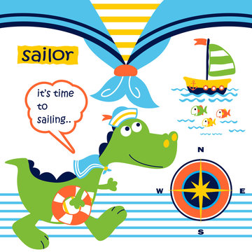 dinosaurs the funny sailor with sailing equipment, vector cartoon illustration