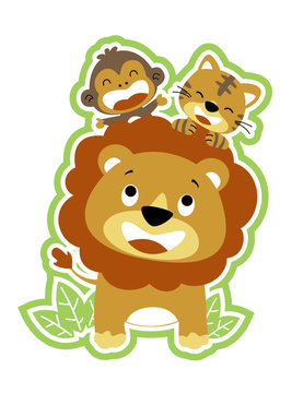 lion and friends, monkey, tiger, vector cartoon illustration