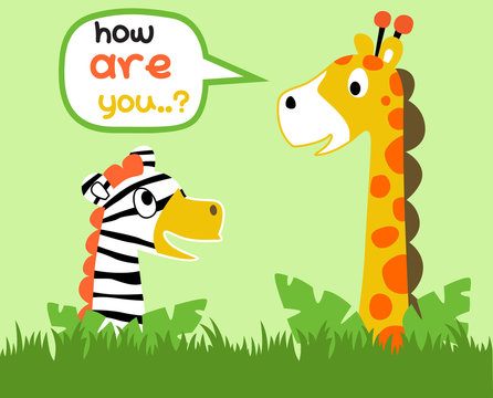 giraffe and zebra are best friend, vector cartoon illustration
