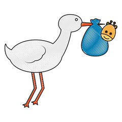 cute stork carrying baby giraffe in blanket vector illustration drawing