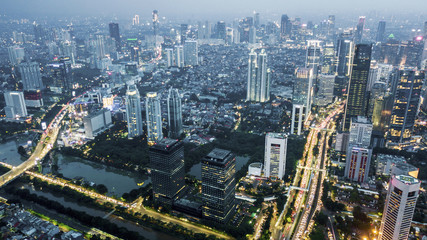 Fototapeta na wymiar Beautiful night lights and skyscrapers in Jakarta