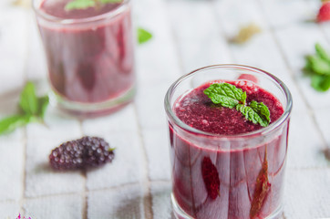 Mulberry juice and mulberry fruit, Fresh berry fruit and berry smoothies with mint.