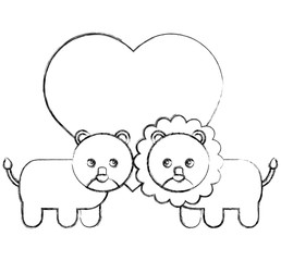 cute couple lions toys with heart in love vector illustration sketch