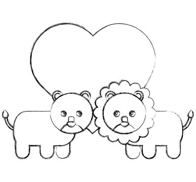 cute couple lions toys with heart in love vector illustration sketch