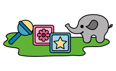 cute elephant with blocks and bell character vector illustration design