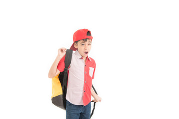 Tired school boy sleepy with yawn before go to study on white background