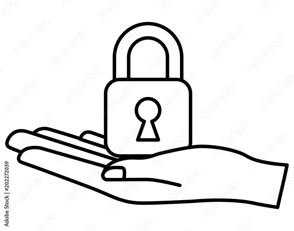 Sticker cyber security hand holding padlock vector illustration outline