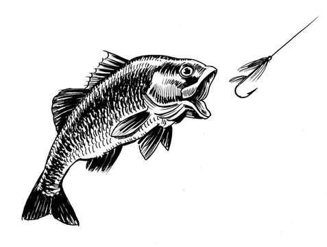 Fish with an open mouth and fishing hook. Ink black and white illustration  Stock Illustration