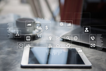 Virtual screen interface with applications icons. APPS. Strategy planning Internet technology concept.