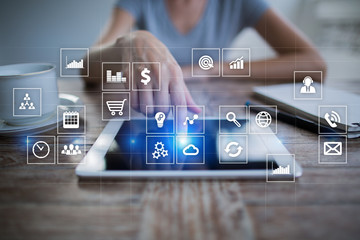 Virtual screen interface with applications icons. APPS. Strategy planning Internet technology concept.