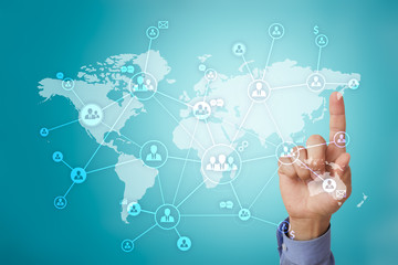 Social network and global recruitment, outsourcing and HR. Virtual screen with world map and peoples icons.