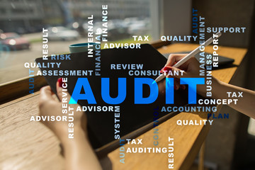 Audit business concept. Auditor. Compliance. Virtual screen technology. Words cloud.