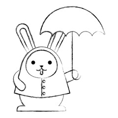 cute kawaii rabbit cartoon wearing coat with umbrella vector illustration sketch