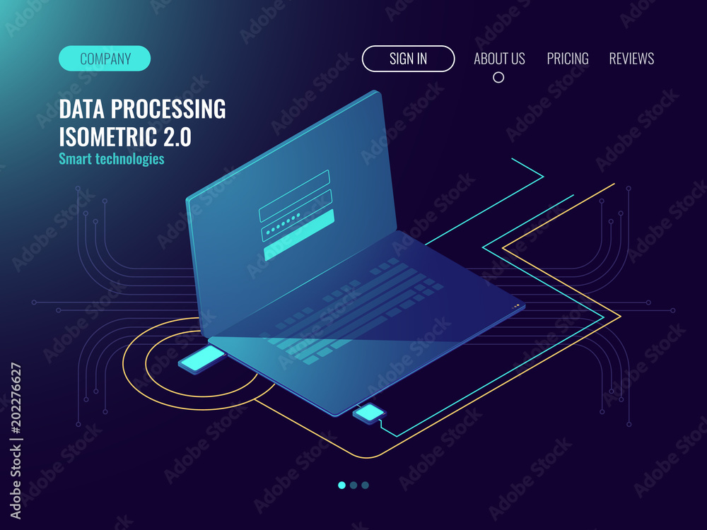 Poster internet wireless connection, data processing, information saving, login form on laptop screen, user