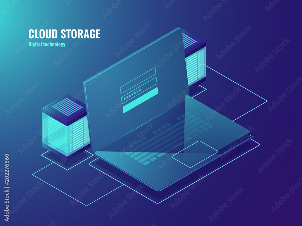 Poster cloud file storage, server room, data center access, laptop screen with user sign in form, database 