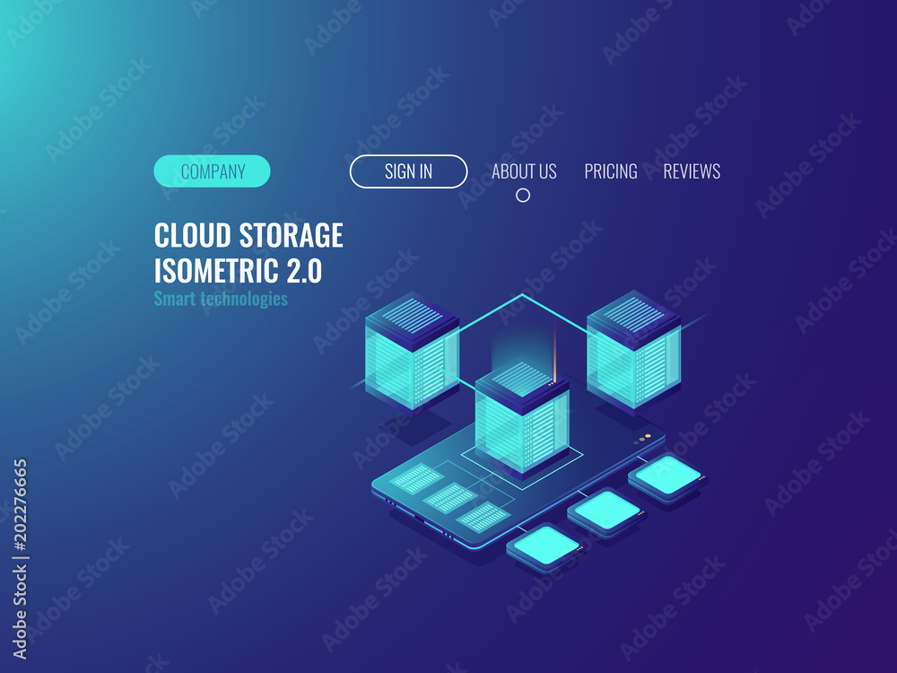 Poster smartphone with database icon, download files from cloud server, data center and databese concept, v