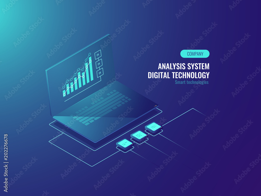 Poster bigdata report, data statistics on screen of laptop, business and data charts, incoming information 
