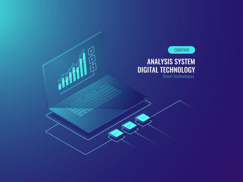 Bigdata report, data statistics on screen of laptop, Business and data charts, incoming information isometric vector illustration