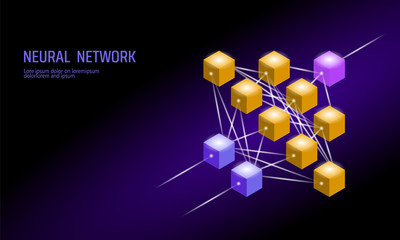 Neural net. Neuron network. Deep learning. Cognitive technology concept. Logical artificial intelligence memory processor mathematics. Violet neon color gold yellow glowing vector illustration