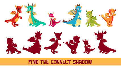 Fototapeta premium Find correct shadow kid puzzle vector illustration. Cartoon children quiz game to match shadow shape of funny cute dragon monsters, logical solution game for kids game design template