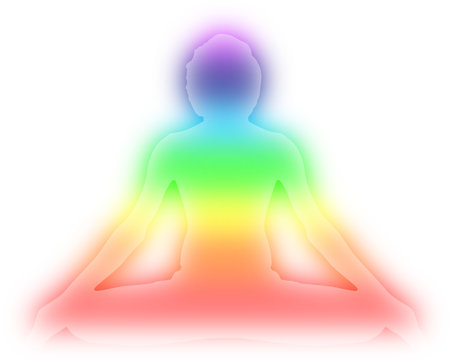 Yoga Meditation Pose with seven Energy Aura chakra light isolated on White background gradient illustration red orange yellow green blue purple deep indigo white 