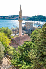 View of Mosque minaret Aerial view of  Bodrum harbor