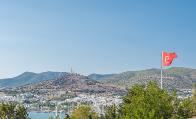 View of Mosque minaret Aerial view of Bodrum harbor