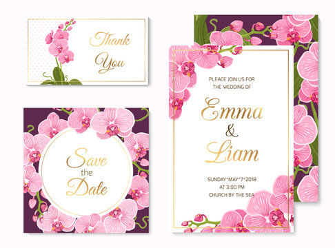 Wedding event invitation save the date RSVP thank you card template set. Pink purple exotic orchid phalaenopsis flowers. Shiny golden text title placeholder. White and violet background.