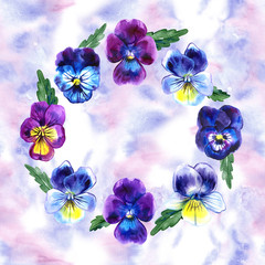 Seamless pattern with Watercolor Violet Flowers Pansy and Leaves on blue background. Botanical watercolor illustration