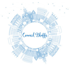 Obraz premium Outline Council Bluffs Iowa Skyline with Blue Buildings and Copy Space.