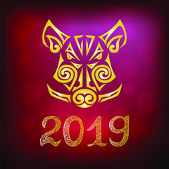 Boar, pig head isolated on red background. Symbol of Chinese 2019 New Year. Vector illustration. Stylized Maori face tattoo.