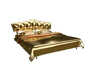 3d rendering of a golden bed isolated on a white background