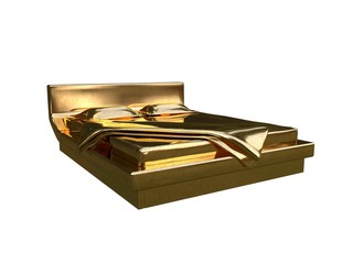 3d rendering of a golden bed isolated on a white background