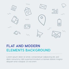 mobile, email, shopping outline vector icons and elements background concept on grey background.Multipurpose use on websites, presentations, brochures and more