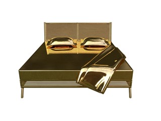 3d rendering of a golden bed isolated on a white background