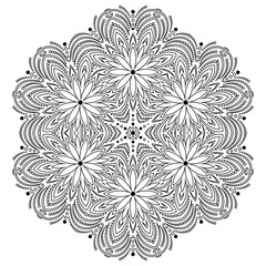 Round vector snowflake. Abstract winter ornament. Fine black round snowflake