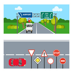 Horizontal banners with road signs. Two horizontal banners with transport and road signs.