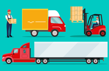 Logistics illustrations set. Workers loading and unloading trucks with forklifts car. Vector flat style illustration