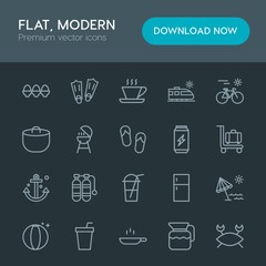 Modern Simple Set of food, drinks, travel Vector outline Icons. Contains such Icons as  sea, crab,  fruit,  equipment,  underwater,  easter and more on dark background. Fully Editable. Pixel Perfect