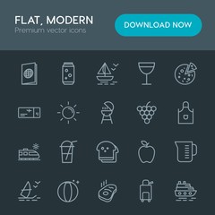 Modern Simple Set of food, drinks, travel Vector outline Icons. Contains such Icons as  cruise, passport, beverage,  summer,  scale,  trip and more on dark background. Fully Editable. Pixel Perfect