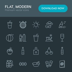 Modern Simple Set of food, drinks, travel Vector outline Icons. Contains such Icons as  healthy,  equipment,  drink,  sunlight,  snorkeling and more on dark background. Fully Editable. Pixel Perfect